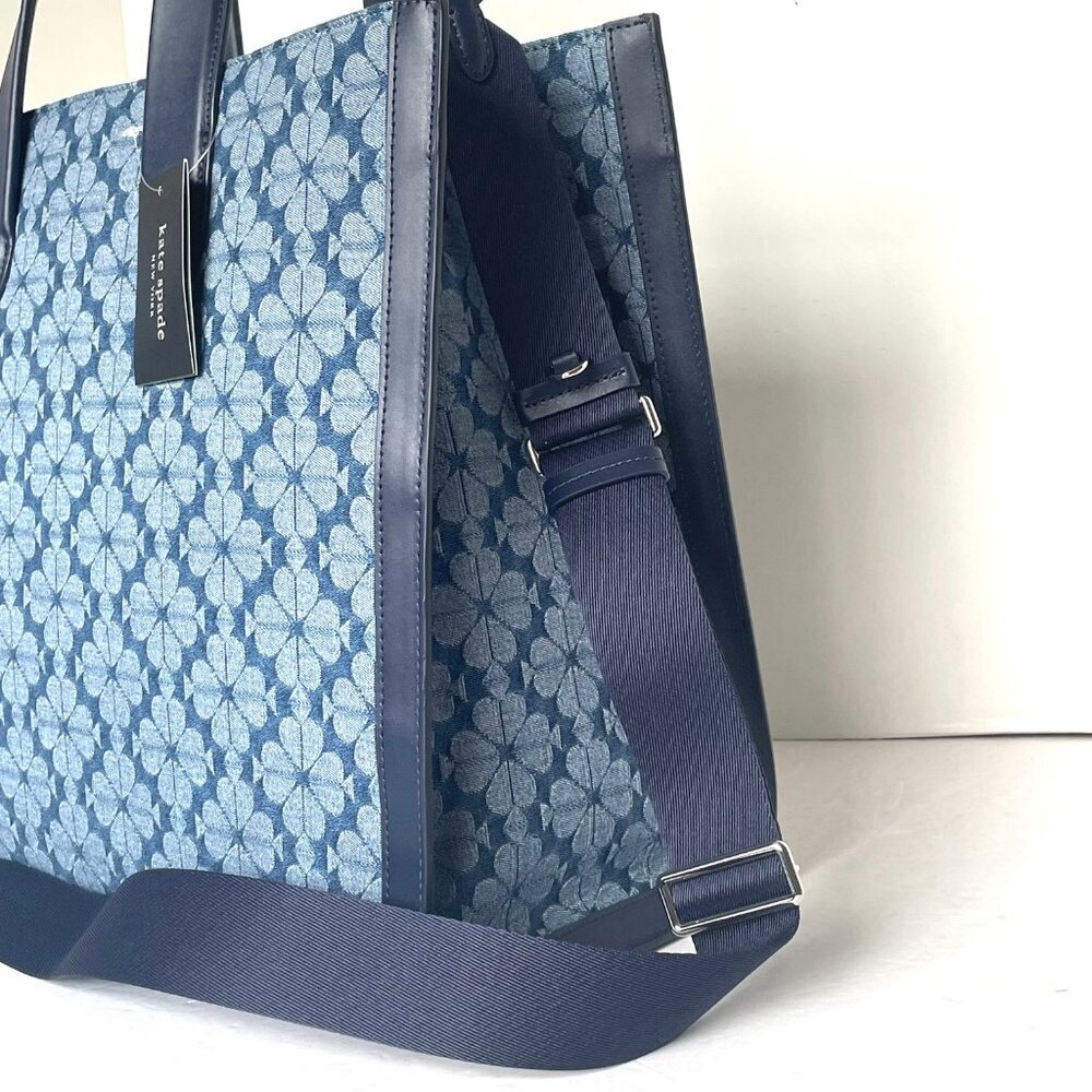 Kate Spade Jacquard Denim Large Manhattan Tote Bag Blue Flower Shoulder Strap - Picture 9 of 13